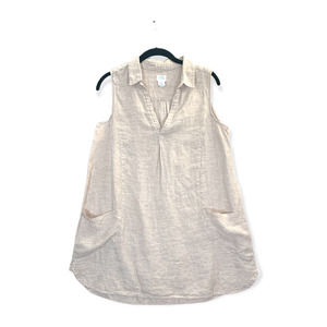 Vintage Sigrid Olsen Beige 100% Linen Sleeveless Long Tunic Top M